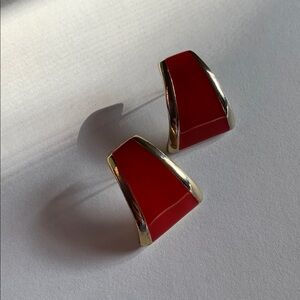 Gold tone w curved red enamel 1” pierced Earrings